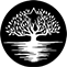 A stylized white tree reflected on water with a black background.